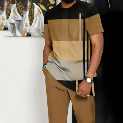 Men's Graphic Color Block 2pcs Tees sets Tee Top Short Sleeve Long pants Crew Neck Designer Casual Comfortable Outdoor Vacation Daily 3D Print Spring & Summer Blue Dark Green Brown