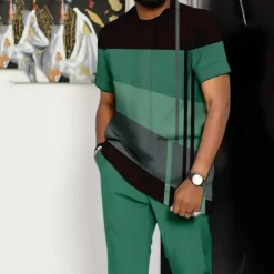 Men's Graphic Color Block 2pcs Tees sets Tee Top Short Sleeve Long pants Crew Neck Designer Casual Comfortable Outdoor Vacation Daily 3D Print Spring & Summer Blue Dark Green Brown