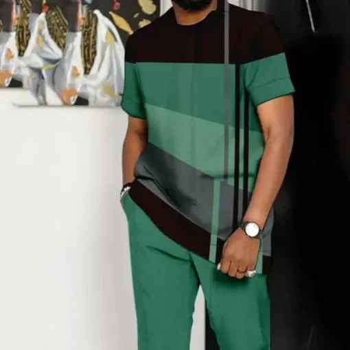 Men's Graphic Color Block 2pcs Tees sets Tee Top Short Sleeve Long pants Crew Neck Designer Casual Comfortable Outdoor Vacation Daily 3D Print Spring & Summer Blue Dark Green Brown