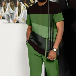 Men's Graphic Color Block 2pcs Tees sets Tee Top Short Sleeve Long pants Crew Neck Designer Casual Comfortable Outdoor Vacation Daily 3D Print Spring & Summer Blue Dark Green Brown
