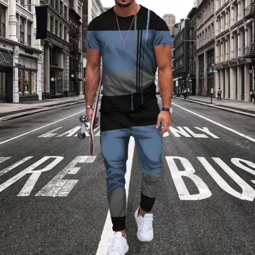 Men's Graphic Color Block 2pcs Tees sets Tee Top Short Sleeve Long pants Crew Neck Designer Lightweight Comfortable Outdoor Casual Daily 3D Print Spring & Fall Blue Brown