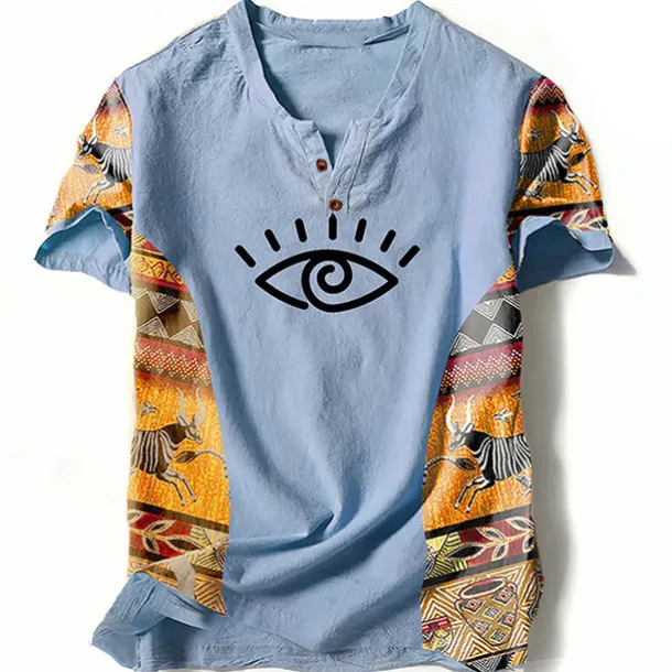 Men's Graphic Color Block Tribal T Shirt Henley Shirt Short Sleeve 3D Printing Designer Ethnic Classic Outdoor Vacation Daily Spring & Summer Blue Green Khaki Gray V Neck Henley T-Shirt