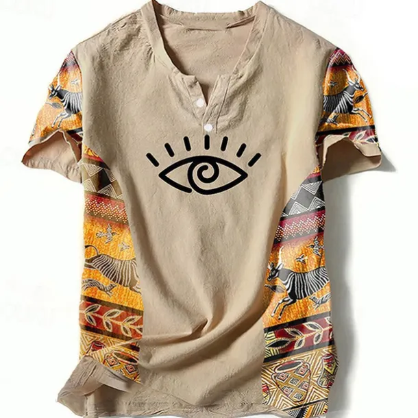 Men's Graphic Color Block Tribal T Shirt Henley Shirt Short Sleeve 3D Printing Designer Ethnic Classic Outdoor Vacation Daily Spring & Summer Blue Green Khaki Gray V Neck Henley T-Shirt