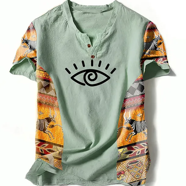 Men's Graphic Color Block Tribal T Shirt Henley Shirt Short Sleeve 3D Printing Designer Ethnic Classic Outdoor Vacation Daily Spring & Summer Blue Green Khaki Gray V Neck Henley T-Shirt