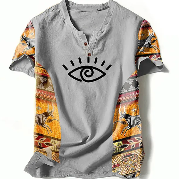 Men's Graphic Color Block Tribal T Shirt Henley Shirt Short Sleeve 3D Printing Designer Ethnic Classic Outdoor Vacation Daily Spring & Summer Blue Green Khaki Gray V Neck Henley T-Shirt