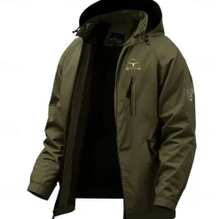 Men's Graphic Cow Print Jacket Raincoat Shell Jacket Waterproof Lightweight Casual Sports Outdoor Camping & Hiking Embroidered Side Pockets Zip Front Fall Winter Hooded Long Sleeve Green khaki Dark