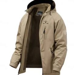 Men's Graphic Cow Print Jacket Raincoat Shell Jacket Waterproof Lightweight Casual Sports Outdoor Camping & Hiking Embroidered Side Pockets Zip Front Fall Winter Hooded Long Sleeve Green khaki Dark