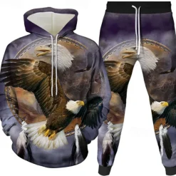 Men's Graphic Eagle 2pcs 3D Sweatshirt Sets Tracksuit Hoodies Long Sleeve Long pants Hooded Streetwear Basic Casual Sports & Outdoor Casual Sports Print Spring Fall Black White Red