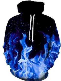 Men's Graphic Flame Hoodie Hoodies Sweatshirt Party Casual Long Sleeve Hooded Club Weekend Blue Fuchsia Designer