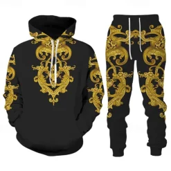 Men's Graphic Florals 2pcs 3D Sweatshirt Sets Tracksuit Hoodies Long Sleeve Long pants Hooded Streetwear Designer Basic Sports & Outdoor Casual Sports Print Spring Fall Black+Brown Black Gold