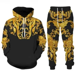 Men's Graphic Florals 2pcs 3D Sweatshirt Sets Tracksuit Hoodies Long Sleeve Long pants Hooded Streetwear Designer Basic Sports & Outdoor Casual Sports Print Spring Fall Black+Brown Black Gold