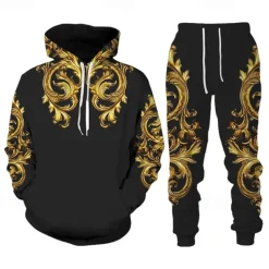 Men's Graphic Florals 2pcs 3D Sweatshirt Sets Tracksuit Hoodies Long Sleeve Long pants Hooded Streetwear Designer Basic Sports & Outdoor Casual Sports Print Spring Fall Black+Brown Black Gold
