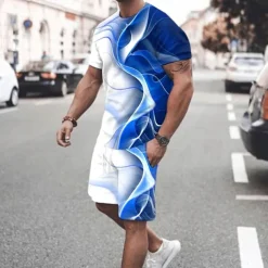 Men's Graphic Gradient 2pcs Tees sets Tee Set Short Sleeve Short Pants Crew Neck Fashion Lightweight Basic Street Daily Sports Print Summer Spring Red Blue