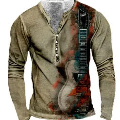 Men's Graphic Guitar T shirt Henley Shirt Tee Long Sleeve 3D Print Designer Basic Classic Outdoor Daily Sports Spring & Fall Yellow Red Blue Purple Khaki Henley Henley T-Shirt