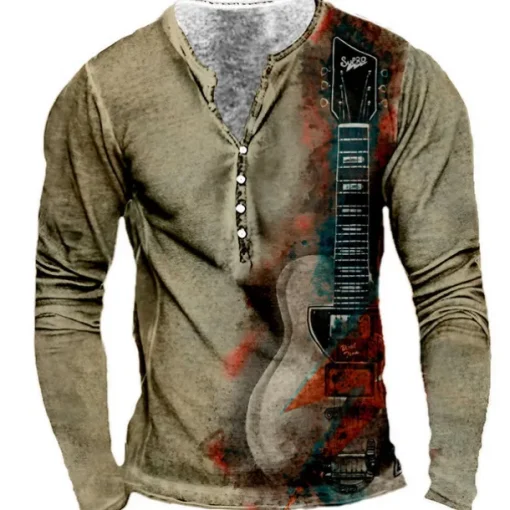 Men's Graphic Guitar T shirt Henley Shirt Tee Long Sleeve 3D Print Designer Basic Classic Outdoor Daily Sports Spring & Fall Yellow Red Blue Purple Khaki Henley Henley T-Shirt