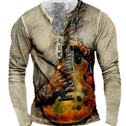 Men's Graphic Guitar T shirt Henley Shirt Tee Long Sleeve 3D Print Designer Basic Classic Outdoor Daily Sports Spring & Fall Yellow Red Blue Purple Khaki Henley Henley T-Shirt