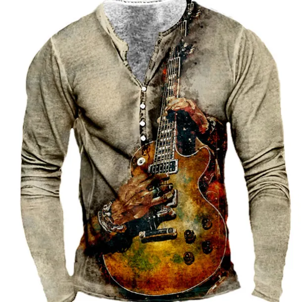 Men's Graphic Guitar T shirt Henley Shirt Tee Long Sleeve 3D Print Designer Basic Classic Outdoor Daily Sports Spring & Fall Yellow Red Blue Purple Khaki Henley Henley T-Shirt