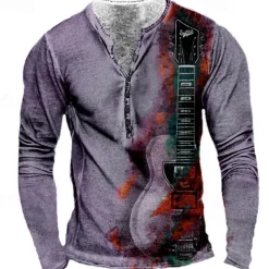 Men's Graphic Guitar T shirt Henley Shirt Tee Long Sleeve 3D Print Designer Basic Classic Outdoor Daily Sports Spring & Fall Yellow Red Blue Purple Khaki Henley Henley T-Shirt