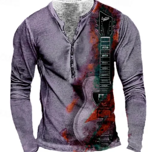 Men's Graphic Guitar T shirt Henley Shirt Tee Long Sleeve 3D Print Designer Basic Classic Outdoor Daily Sports Spring & Fall Yellow Red Blue Purple Khaki Henley Henley T-Shirt