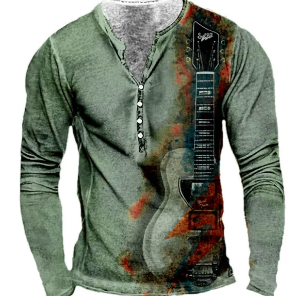 Men's Graphic Guitar T shirt Henley Shirt Tee Long Sleeve 3D Print Designer Basic Classic Outdoor Daily Sports Spring & Fall Yellow Red Blue Purple Khaki Henley Henley T-Shirt