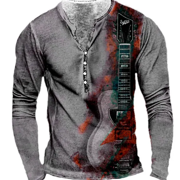 Men's Graphic Guitar T shirt Henley Shirt Tee Long Sleeve 3D Print Designer Basic Classic Outdoor Daily Sports Spring & Fall Yellow Red Blue Purple Khaki Henley Henley T-Shirt