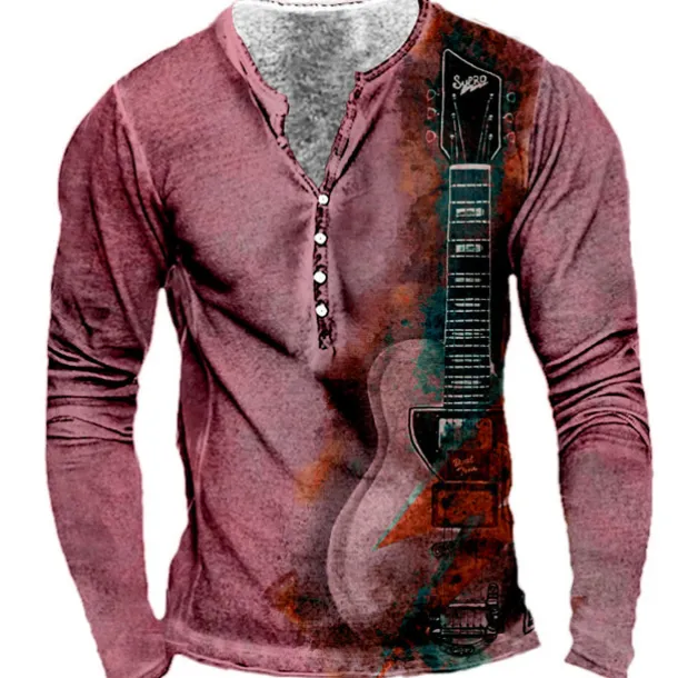 Men's Graphic Guitar T shirt Henley Shirt Tee Long Sleeve 3D Print Designer Basic Classic Outdoor Daily Sports Spring & Fall Yellow Red Blue Purple Khaki Henley Henley T-Shirt