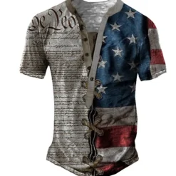 Men's Graphic Letter American Flag T shirt Henley Shirt Tee Short Sleeve 3D Print Designer Basic Classic Outdoor Daily Sports Summer Blue Khaki Gray Henley Henley T-Shirt