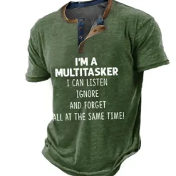 Men's Graphic Letter Henley Shirt Short Sleeve 3D Print Fashion Designer Comfortable Outdoor Daily Summer Black Navy Blue Khaki Army Green Henley Henley T-Shirt