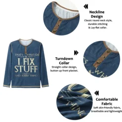 Men's Graphic Letter I Fix Stuff Henley Shirt Tee Long Sleeve 3D Print Fashion Designer Comfort Casual Daily Wear Going out Spring & Fall Black Navy Blue Blue Brown Gray Henley Henley T-Shirt