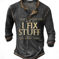 Men's Graphic Letter I Fix Stuff Henley Shirt Tee Long Sleeve 3D Print Fashion Designer Comfort Casual Daily Wear Going out Spring & Fall Black Navy Blue Blue Brown Gray Henley Henley T-Shirt