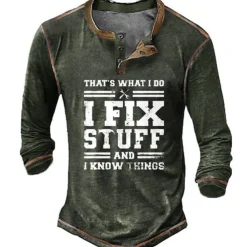 Men's Graphic Letter I Fix Stuff and I Know Things Henley Shirt Tee Long Sleeve 3D Print Vintage Fashion Designer Outdoor Casual Daily Spring & Fall Black Green Dark Blue Coffee Henley Henley T-Shirt