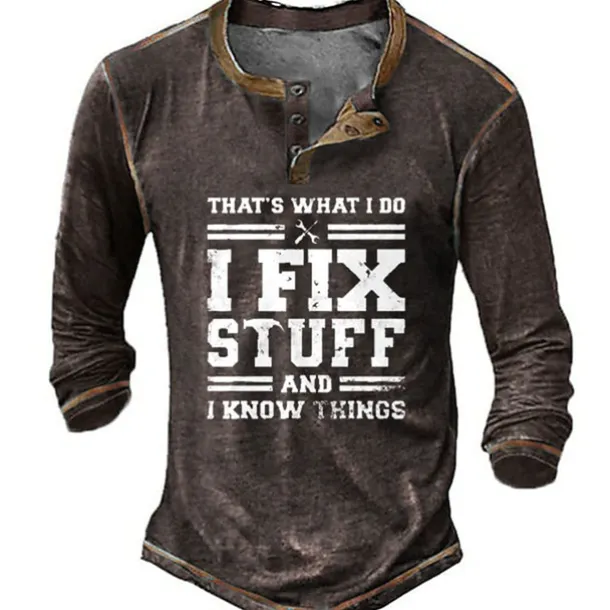 Men's Graphic Letter I Fix Stuff and I Know Things Henley Shirt Tee Long Sleeve 3D Print Vintage Fashion Designer Outdoor Casual Daily Spring & Fall Black Green Dark Blue Coffee Henley Henley T-Shirt