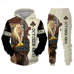 Men's Graphic Lion 2pcs 3D Sweatshirt Sets Hoodie Tracksuit Long Sleeve Long pants Hooded Streetwear Basic Casual Sports & Outdoor Casual Sports Zipper Print Spring Fall Wine Red Black Yellow