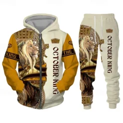 Men's Graphic Lion 2pcs 3D Sweatshirt Sets Hoodie Tracksuit Long Sleeve Long pants Hooded Streetwear Basic Casual Sports & Outdoor Casual Sports Zipper Print Spring Fall Wine Red Black Yellow