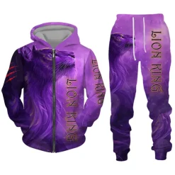 Men's Graphic Lion 2pcs 3D Sweatshirt Sets Hoodie Tracksuit Long Sleeve Long pants Hooded Streetwear Designer Basic Sports & Outdoor Casual Sports Zipper Spring Fall Black White Purple