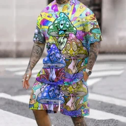 Men's Graphic Mushroom 2pcs Tees sets Short Sleeve Short Pants Crew Neck Designer Casual Comfortable Outdoor Vacation Daily 3D Print Spring & Summer Pink Red Blue