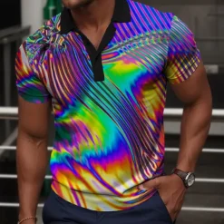 Men's Graphic Neon Polo Shirts Golf Shirt Short Sleeve Polo Shirts Collared Shirts Vacation Wear Rave Wear Party Outfits Buttons 3D Print Spring & Summer Purple