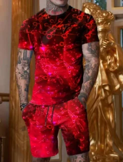 Men's Graphic Optical Illusion 2pcs Tees sets Matching Sets Short Sleeve Short Pants Crew Neck Designer Casual Comfortable Outdoor Vacation Daily 3D Print Spring & Summer Blue Red Green