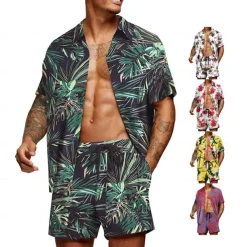 Men's Graphic Palm Leaf Tropical Plants 2pcs Shirts Sets Summer Hawaiian Shirt Short Sleeve Short Pants Turndown Designer Beach Vacation Casual Daily 3D Summer Silver Red / White Green / Black