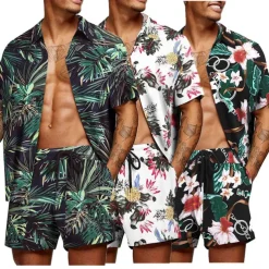 Men's Graphic Palm Leaf Tropical Plants 2pcs Shirts Sets Summer Hawaiian Shirt Short Sleeve Short Pants Turndown Designer Beach Vacation Casual Daily 3D Summer Silver Red / White Green / Black