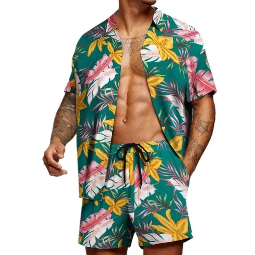 Men's Graphic Palm Leaf Tropical Plants 2pcs Shirts Sets Summer Hawaiian Shirt Short Sleeve Short Pants Turndown Designer Beach Vacation Casual Daily 3D Summer Silver Red / White Green / Black