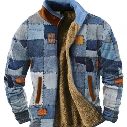 Men's Graphic Patchwork Sweatshirts Zip Sweatshirt Fleece Jacket Outerwear Long Sleeve Sweatshirt Stand Collar Daily Casual Vintage Retro Vacation Holiday Going out Fleece Winter