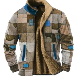 Men's Graphic Patchwork Sweatshirts Zip Sweatshirt Fleece Jacket Outerwear Long Sleeve Sweatshirt Stand Collar Daily Casual Vintage Retro Vacation Holiday Going out Fleece Winter