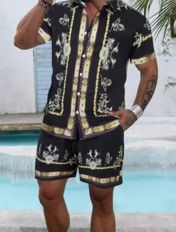 Men's Graphic 2pcs Shirts Sets Summer Tops Short Sleeve Short Pants Turndown Ethnic Outdoor Casual Daily 3D Print Summer Robin's Egg Blue Black Yellow
