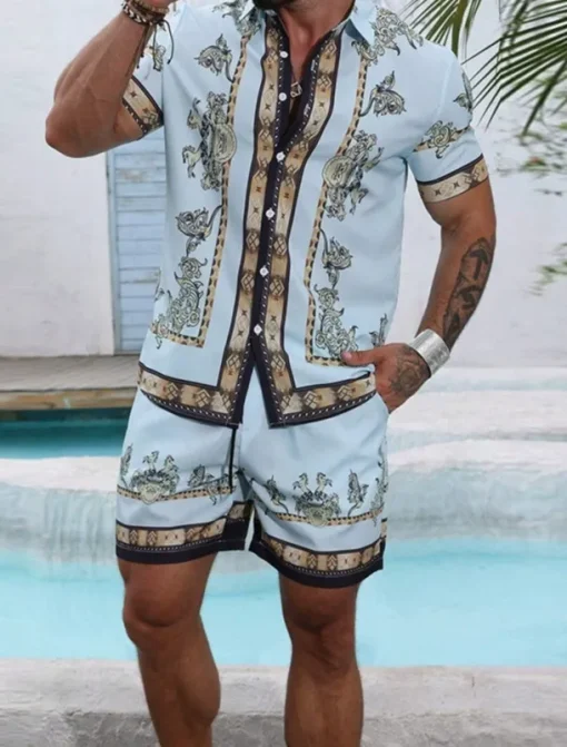 Men's Graphic 2pcs Shirts Sets Summer Tops Short Sleeve Short Pants Turndown Ethnic Outdoor Casual Daily 3D Print Summer Robin's Egg Blue Black Yellow