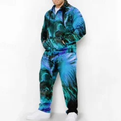 Men's Graphic Phoenix 2pcs 3D Sweatshirt Sets Hoodie Tracksuit Plus Size Set Long Sleeve Long pants Hooded Fashion Designer Casual Daily Sports Going out 3D Print Spring & Fall Blue Orange Green