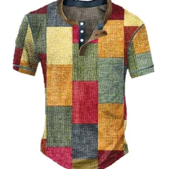 Men's Graphic Plaid Color Block Waffle Henley Shirt Short Sleeve 3D Print Vintage Fashion Designer Outdoor Daily Summer White Red Blue Orange Khaki Henley Henley T-Shirt