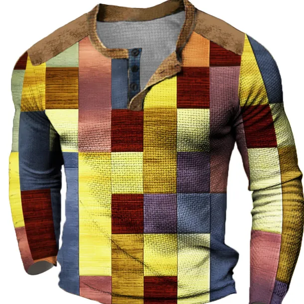 Men's Graphic Plaid Color Block Henley Shirt Waffle T Shirt Long Sleeve 3D Print Fashion Designer Casual Sports Outdoor Holiday Festival Spring & Fall Yellow Light Purple Purple Orange Henley Henley