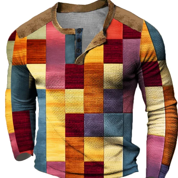 Men's Graphic Plaid Color Block Henley Shirt Waffle T Shirt Long Sleeve 3D Print Fashion Designer Casual Sports Outdoor Holiday Festival Spring & Fall Yellow Light Purple Purple Orange Henley Henley