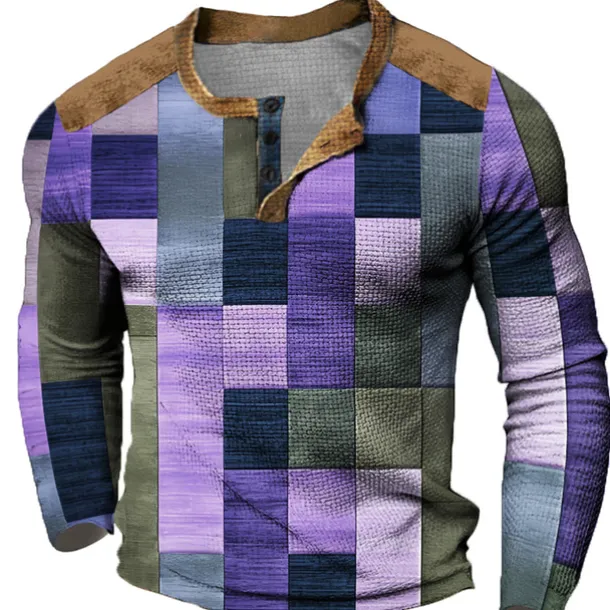 Men's Graphic Plaid Color Block Henley Shirt Waffle T Shirt Long Sleeve 3D Print Fashion Designer Casual Sports Outdoor Holiday Festival Spring & Fall Yellow Light Purple Purple Orange Henley Henley